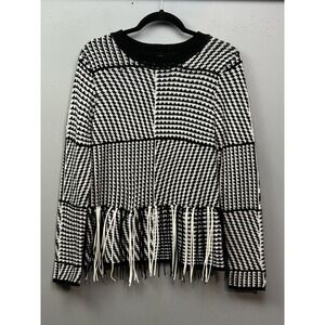 By‎ Design Sweater Womens Small Black White Check Fringe Hem Long Sleeve